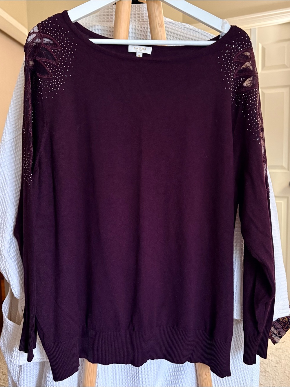 Laura Plus Plum Sweater with Shoulder Sheer Cutouts and Rhinestone Detail 3X